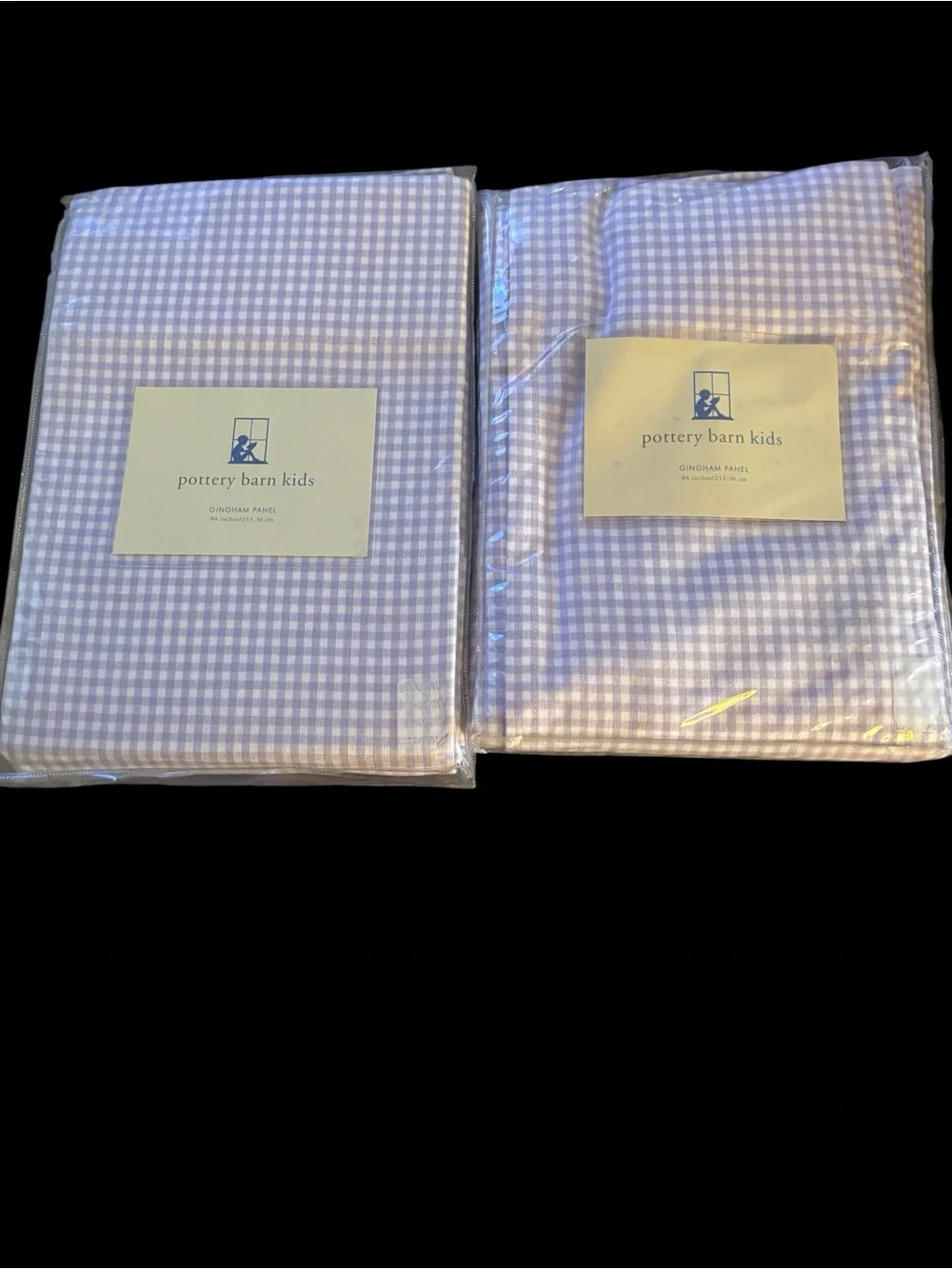 Two Pottery Barn Kids Purple Gingham Curtain Panels Including 2 Matching Holders